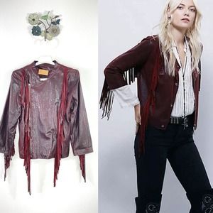 Cleobella Everly Fringe Moto Leather Suede Jacket Size Medium Burgundy Boho